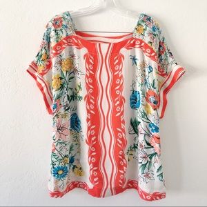 Maeve Anthropologie Vibrant Coral Floral Blouse